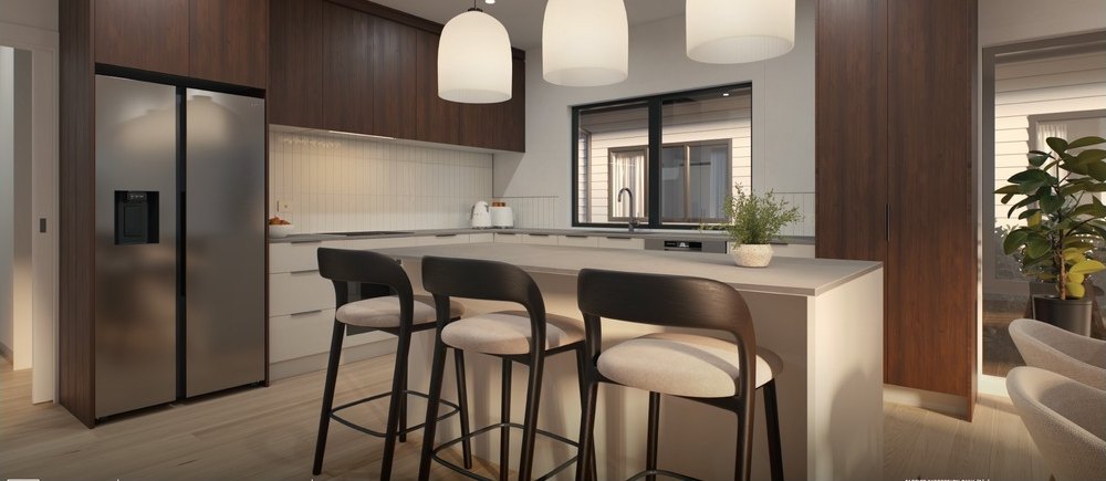 3D design of a kitchen with a stone island and timber cabinetry