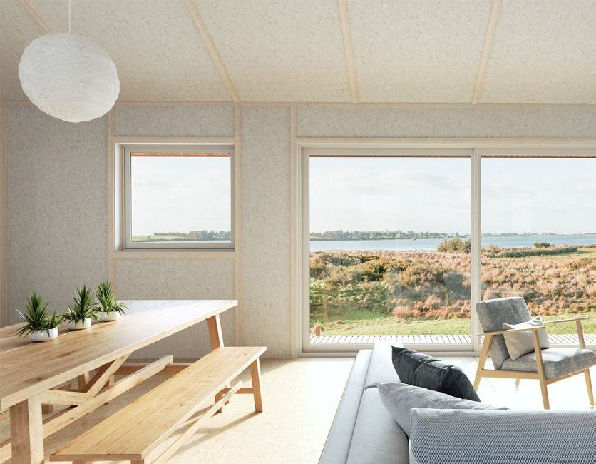 Living room with exposed strandboard walls and ceiling