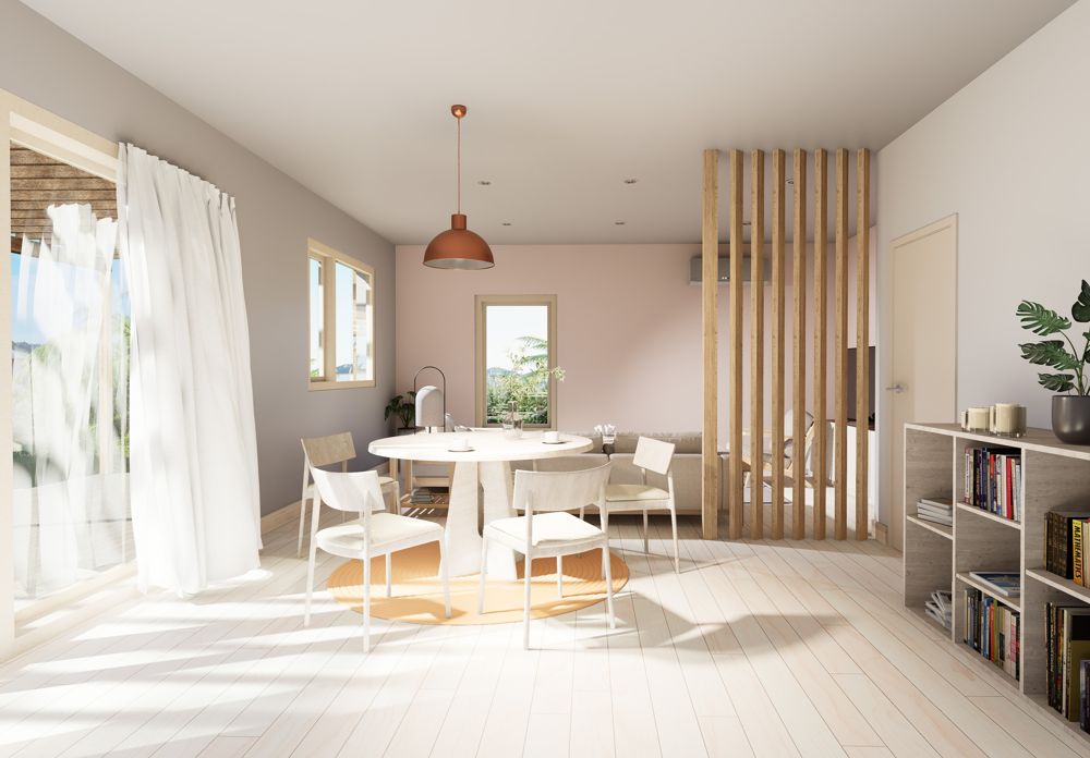 Bright, airy dining area with timber battens and a round table